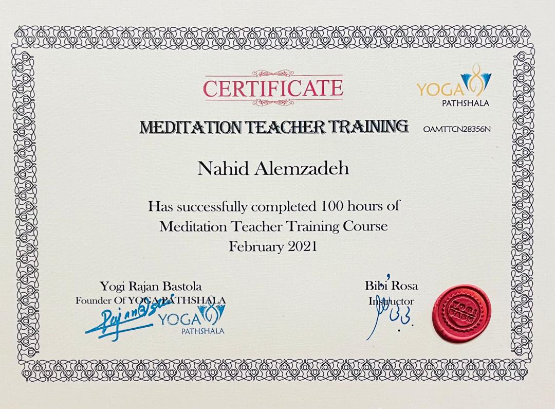 Meditation Teacher Training Certificate - Nahid Alamzadeh